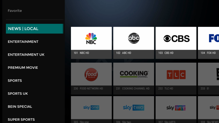 HawkTV live channel guide showing news and local Canadian categories inside IBO Player