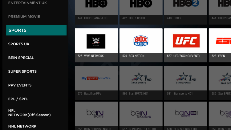 HawkTV sports category listing premium sports and pay-per-view event channels