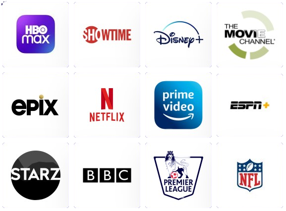 Premium networks carried by HawkTV including HBO Max, Showtime, Disney+, Netflix, Prime Video, ESPN+, Starz, BBC, Premier League and NFL